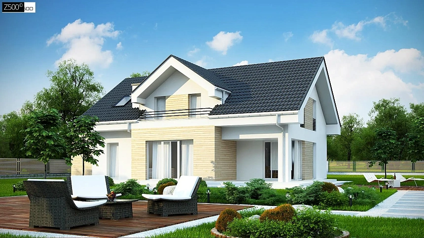 Проект мансардного дома в европейском стиле с балконом.