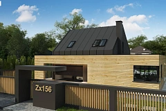 Современный дом с 2-х скатной кровлей, окруженный террасой с плоской крышей.