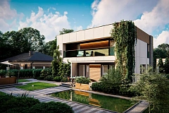 Современный двухэтажный дом с плоской кровлей и большим остеклением.