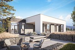 Cовременный одноэтажный дом с плоской крышей с гаражом на два авто