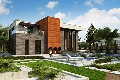 Проект двухэтажного дома в современном стиле с гаражом для двух машин и просторной террасой&nbsp;&nbsp;над ним.