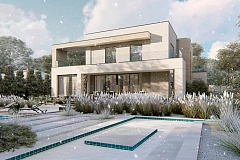 Современный двухэтажный дом с плоской крышей и гаражом на 2 машины.