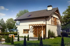 Проект дома с мансардой, с высокой аттиковой стеной, с дополнительной комнатой на первом этаже.