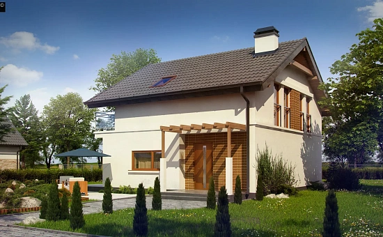 Проект дома с мансардой, с высокой аттиковой стеной, с дополнительной комнатой на первом этаже.