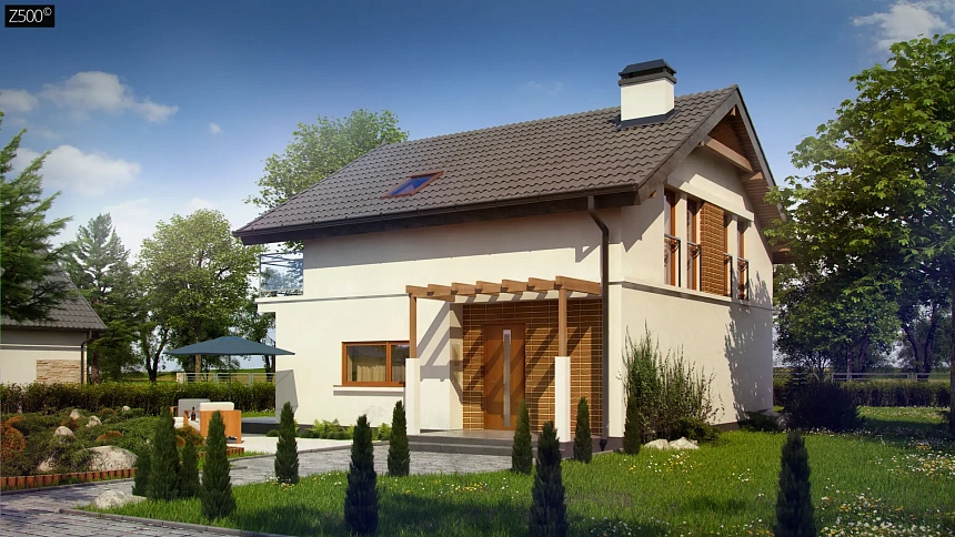 Проект дома с мансардой, с высокой аттиковой стеной, с дополнительной комнатой на первом этаже.