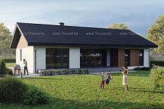 Одноэтажный дом с 4мя комнатами и гостиной в центре.