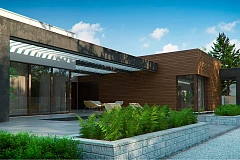 Одноэтажный дом с плоской кровлей и террасой