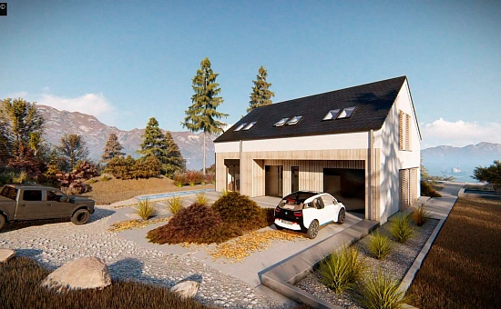 Современный мансардный дом с двускатной крышей