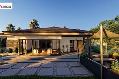 Cовременный одноэтажный дом с многоскатной крышей и гаражом на две машины.