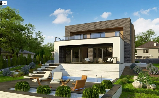 Двухэтажный современный дом в стиле модерн.