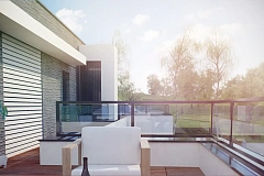 Современный проект домов-близнецов с большим гаражом и террасой на втором этаже.