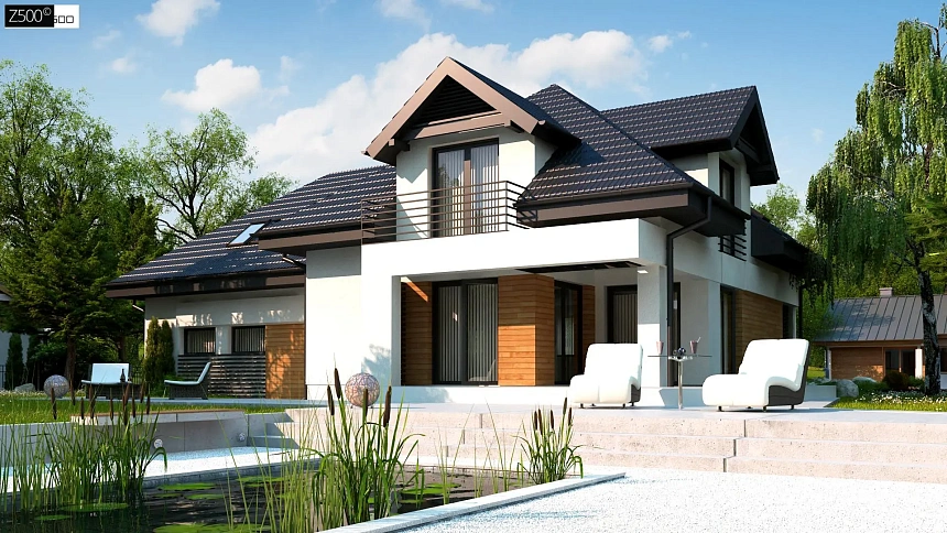 Версия проекта Z284 c большим гаражом справа, рассчитанным на 2 машины