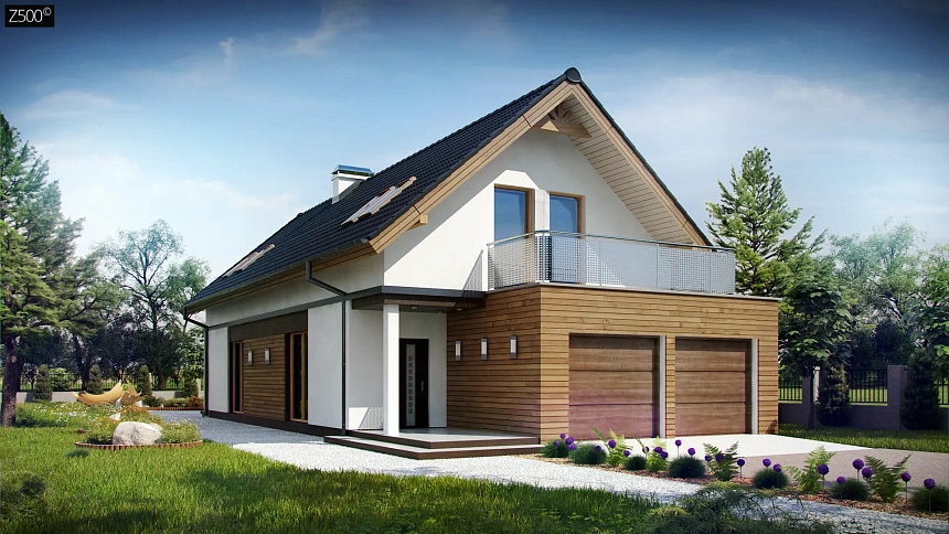 Практичный и уютный дом простой формы для узкого участка с террасой над гаражом.