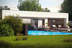 Современный одноэтажный дом хай-тек с навесом для автомобиля