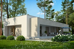 Одноэтажный дом в современном стиле, с большими застекленными окнами