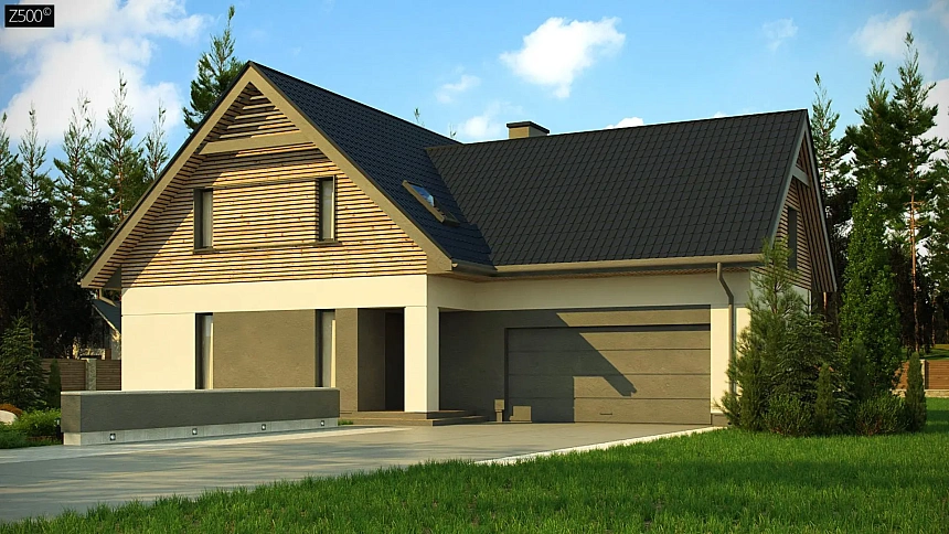 Стильный и аккуратный мансардный дом с гаражом для двух машин.