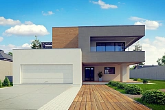 Современный двухэтажный дом с большой площадью остекления.