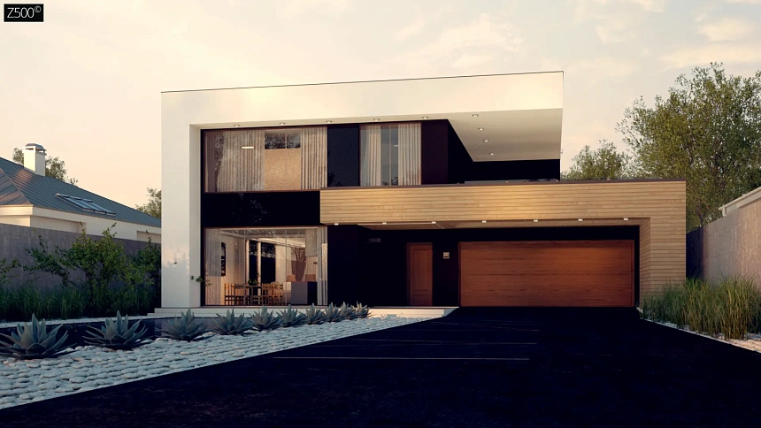 Увеличенный вариант проекта Zx123 с&nbsp;&nbsp;гаражом на две машины, кладовой и сауной.