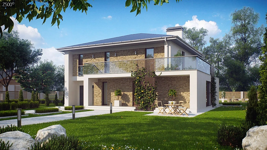 Двухэтажный дом с большими окнами, с электрическим котлом