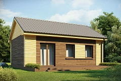 Маленький одноэтажный дом с двускатной кровлей, недорогой в строительстве и эксплуатации.