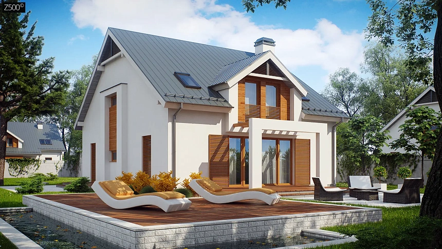 Дом традиционной формы с элегантными современными элементами в архитектуре.