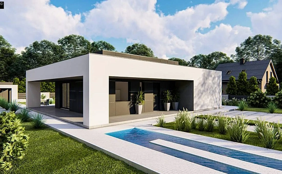 Одноэтажный, современный дом с плоской крышей