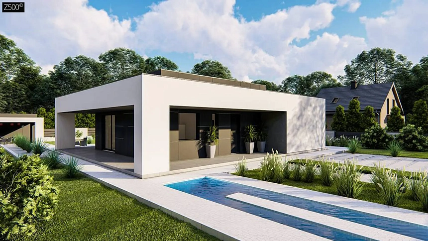 Одноэтажный, современный дом с плоской крышей