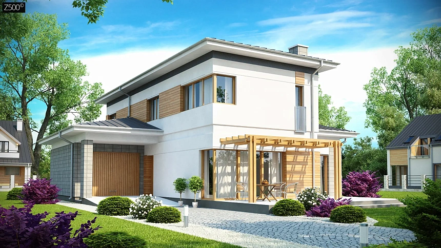 Проект удобного двухэтажного дома в стиле модерн с боковым гаражом.