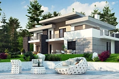 Красивый и комфортный дом с плоской кровлей, гаражом на две машины и просторными террасами.