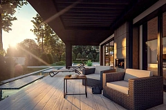 Современный одноэтажный дом с внешним камином