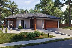 Одноэтажный дом с витражным остеклением.