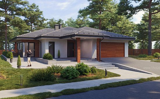 Одноэтажный дом с витражным остеклением.