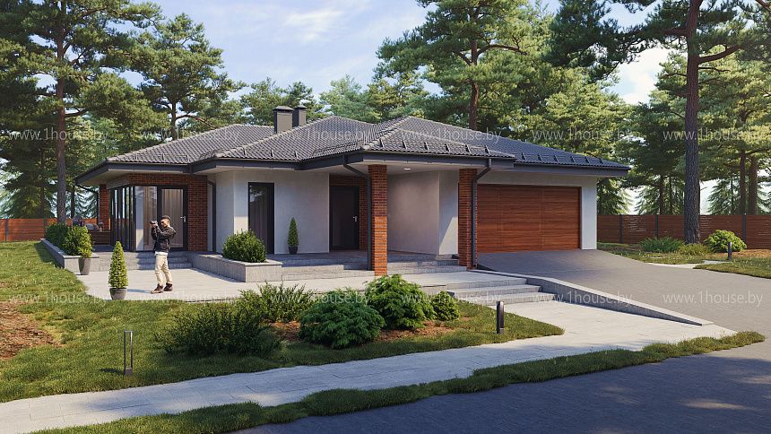 Одноэтажный дом с витражным остеклением.