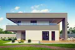 Современный двухэтажный дом с большой площадью остекления.