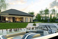 Проект дома с одноуровневой оригинальной планировкой и современным экстерьером.