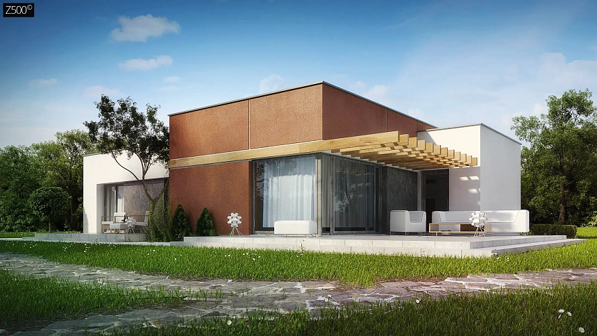 Одноэтажный дом в стиле хай-тек с четырьмя спальнями.