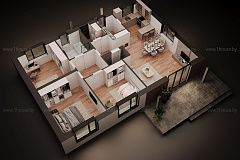 Одноэтажный дом с вальмовой крышей.