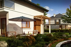 Проект дома с мансардой, с высокой аттиковой стеной, с дополнительной комнатой на первом этаже.