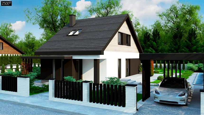 Проект современного мансардного дома компактных размеров со спальней на первом этаже.