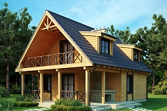 Компактный дом с мансардой, с крытой террасой и внешним камином.