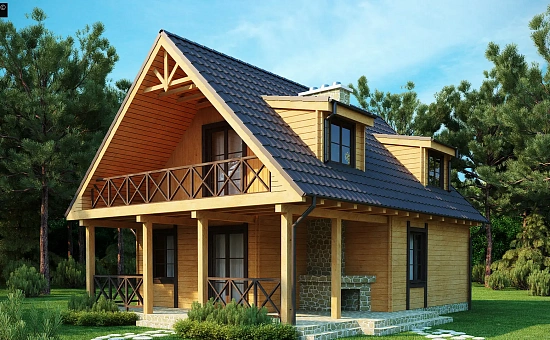 Компактный дом с мансардой, с крытой террасой и внешним камином.