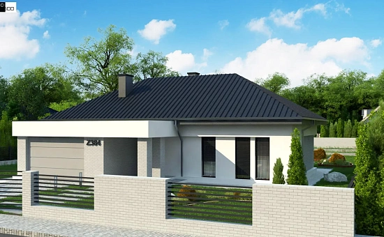 Компактный одноэтажный коттедж с гаражом для одной машины