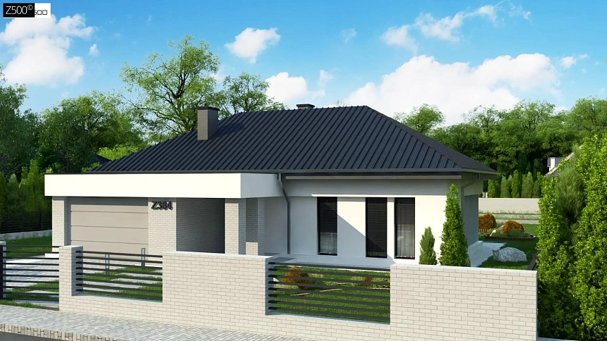 Компактный одноэтажный коттедж с гаражом для одной машины