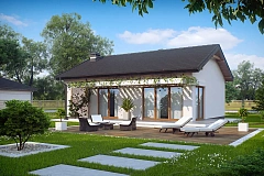 Компактный одноэтажный дом с боковым входом.