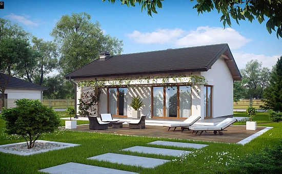 Компактный одноэтажный дом с боковым входом.