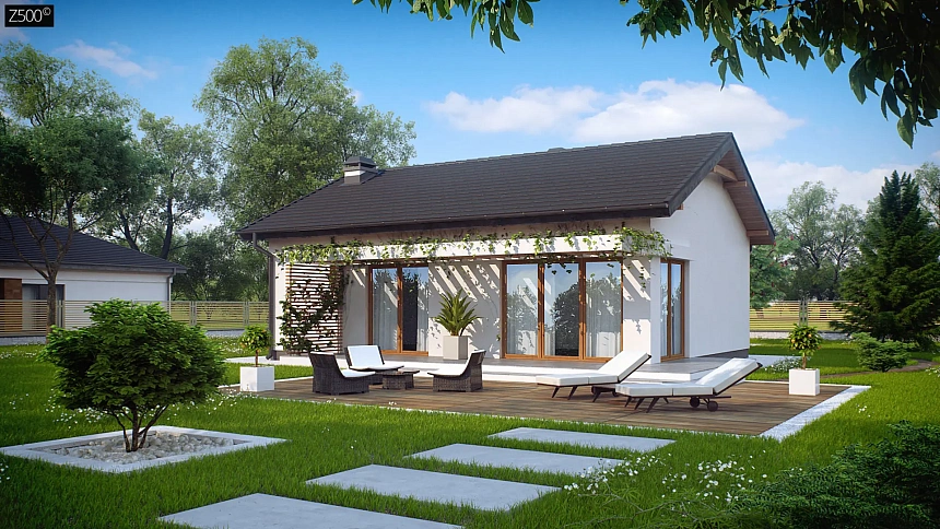 Компактный одноэтажный дом с боковым входом.