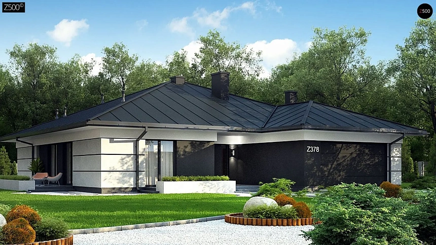 Вариант  одноэтажного дома Z378 с гаражом на две машины и подвалом