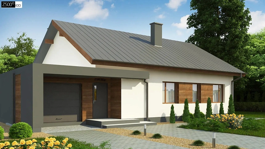 Дом, выполненный в традиционном стиле с одноуровневой планировкой.