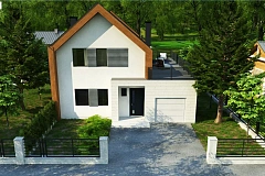 Современный дом с двускатной крышей и гаражом для одного авто