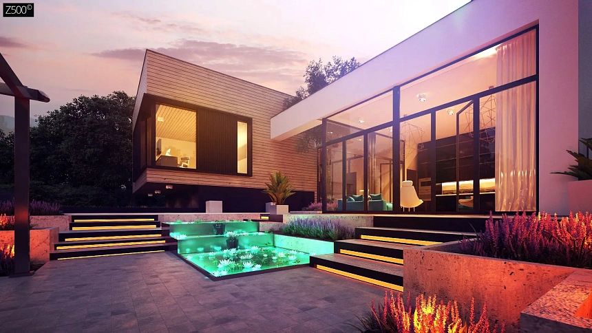 Проект современного дома с плоской кровлей и подземным гаражом.